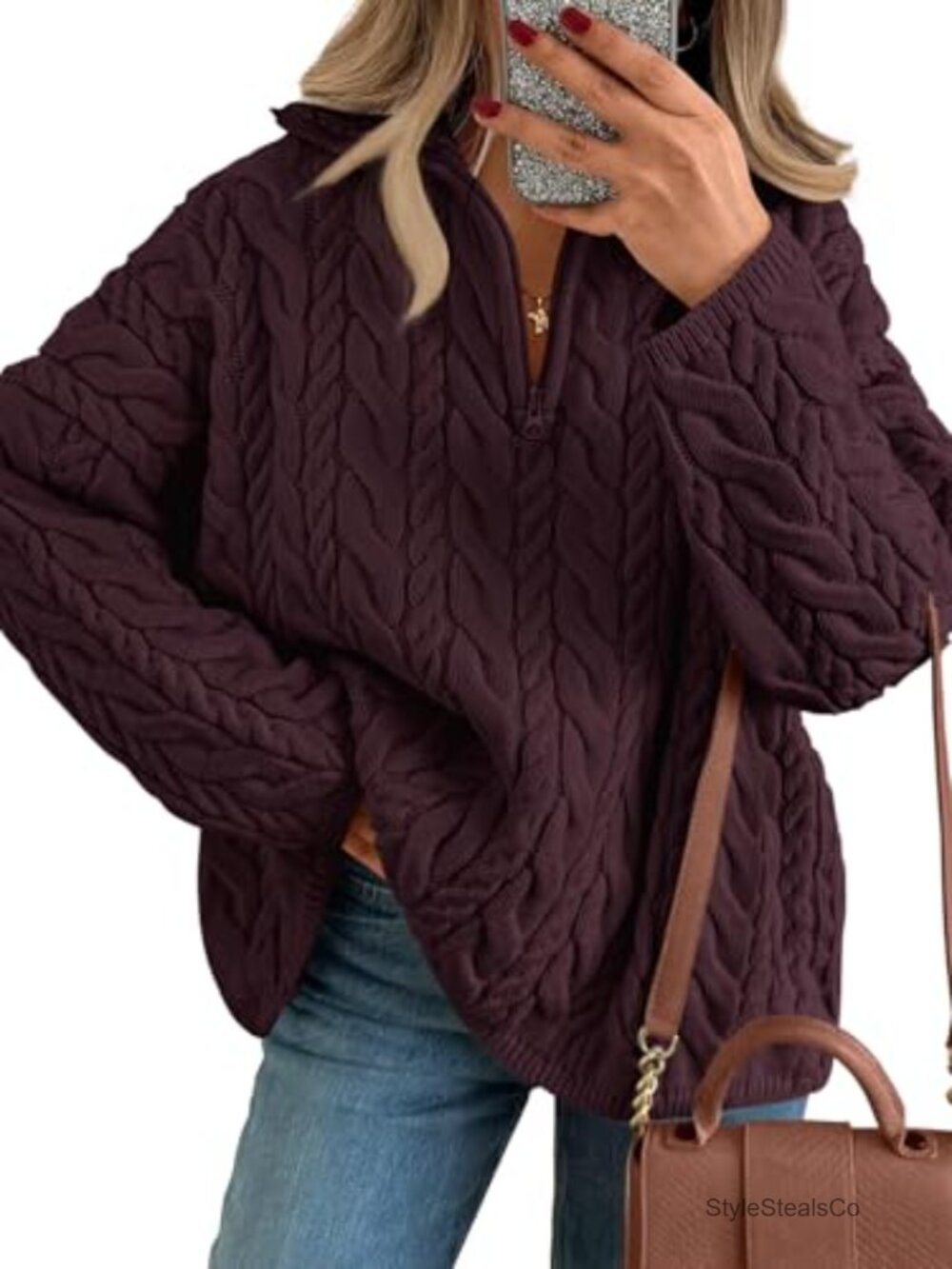 Oversized Chunky Cable Knit Quarter Zip Pullover Sweater Cotton Acrylic